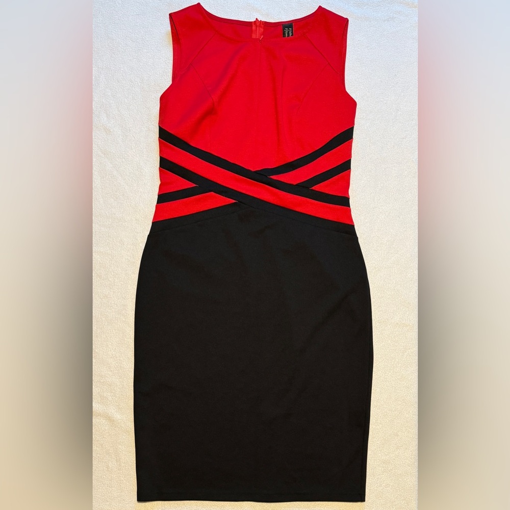 (L) Vfshow Vfemage Red & Black Front & back Zippers Office to Party Dress